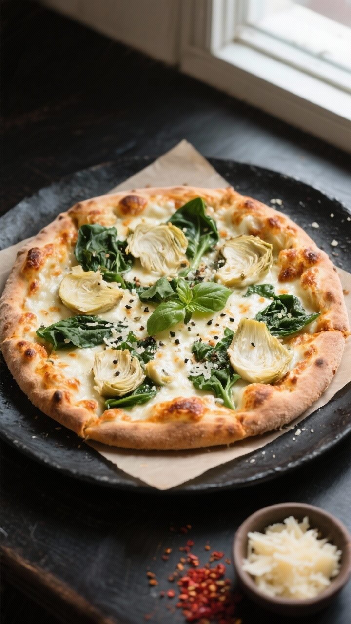 Spinach Artichoke Keto Pizza with Creamy Topping - Comforting, Low-Carb Pizza Night Final dish overhead: Spinach Artichoke Keto Pizza just out of the oven, showing evenly melted mozzar