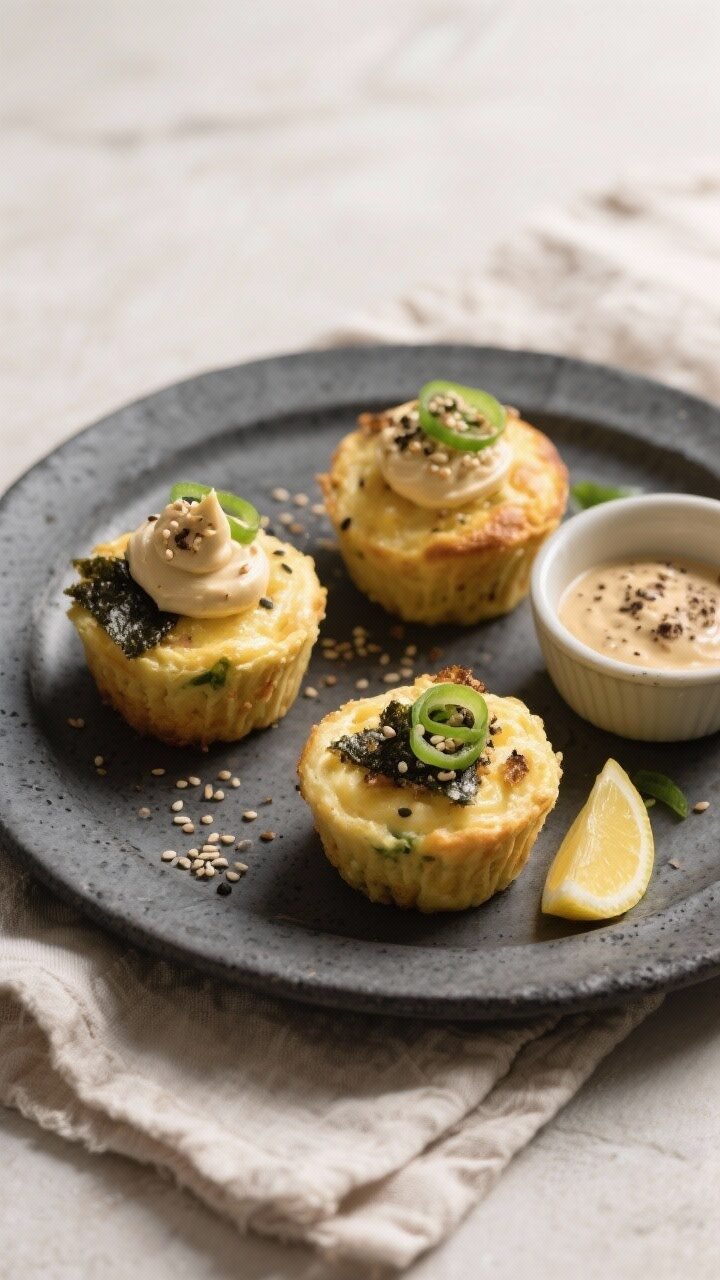 Japanese Tamago-Style Keto Egg Muffins With Truffle Mayo & Nori - A Savory, Low-Carb Breakfast Bite Final dish, overhead top view: Finished Japanese Tamago-Style Keto Egg Muffins plated on a matte cha
