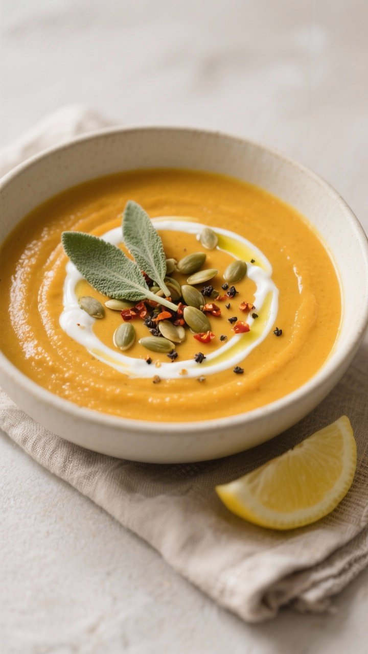Roasted Pumpkin Soup With Garlic and Sage Final dish, tasty top view: Overhead shot of a bowl of velvety roasted pumpkin soup, ultra-smooth an