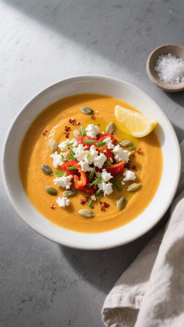 Final dish, tasty top view: Overhead shot of a bowl of Keto Pumpkin Soup with Roasted Red Pepper and