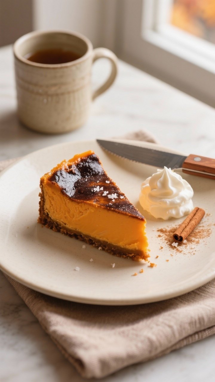 Pumpkin Basque-Style Cheesecake With Roasted Pumpkin – Burnt Top, Creamy Middle Final dish, tasty top view: Overhead shot of a chilled Pumpkin Basque-Style Cheesecake slice served