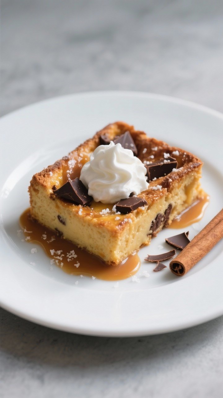 Pumpkin Bread Pudding With Dark Chocolate Chunks - Cozy, Comforting, and Easy Final dish, tasty top view: Overhead shot of a single generous square of pumpkin bread pudding plate