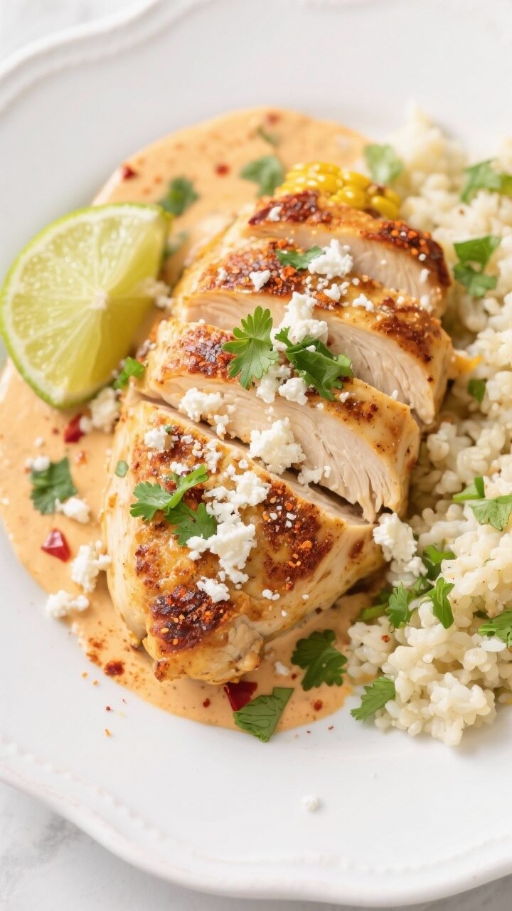 Keto Mexican Street Corn Chicken Bake With Creamy Chipotle Crust - A Flavor-Packed Low-Carb Dinner Final dish, tasty top view: Overhead shot of Keto Mexican Street Corn Chicken Bake plated on a matte