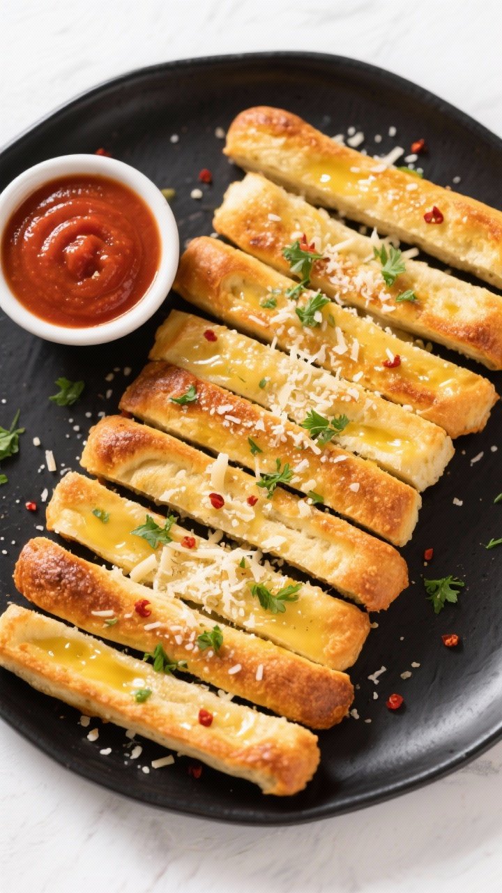 Keto Fathead Garlic Breadsticks - Cheesy, Buttery, Low-Carb Comfort Final dish top view: Overhead shot of golden-brown Keto Fathead Garlic Breadsticks sliced into unifo