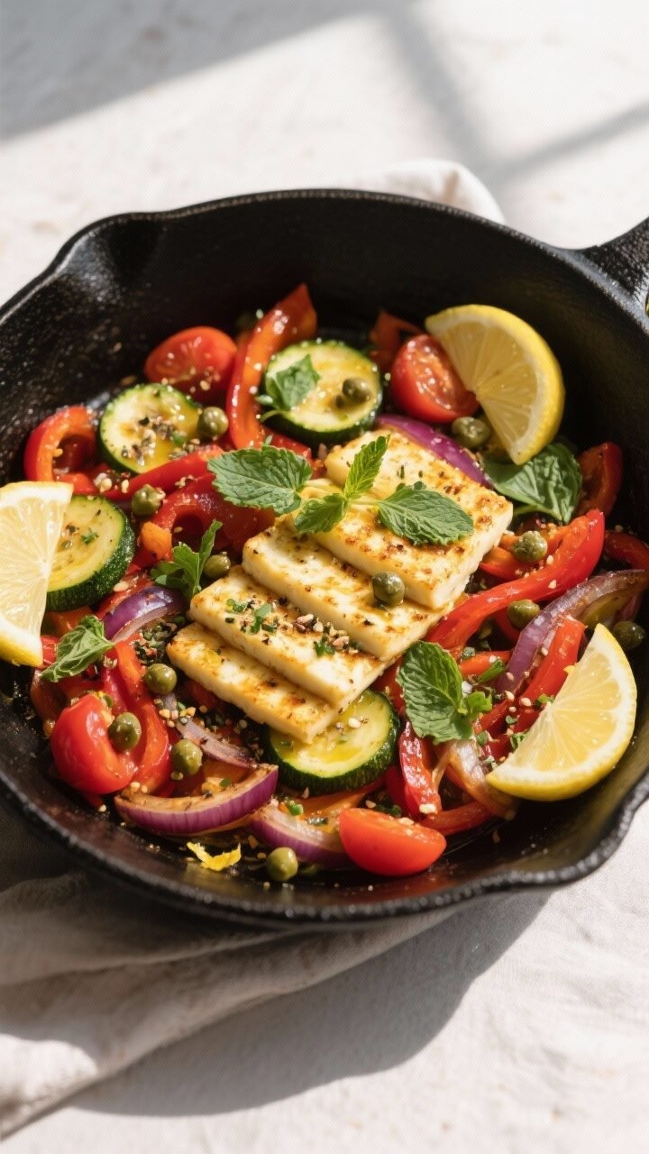 Final dish, top view: Overhead shot of Mediterranean Halloumi Keto Skillet plated family-style in a 