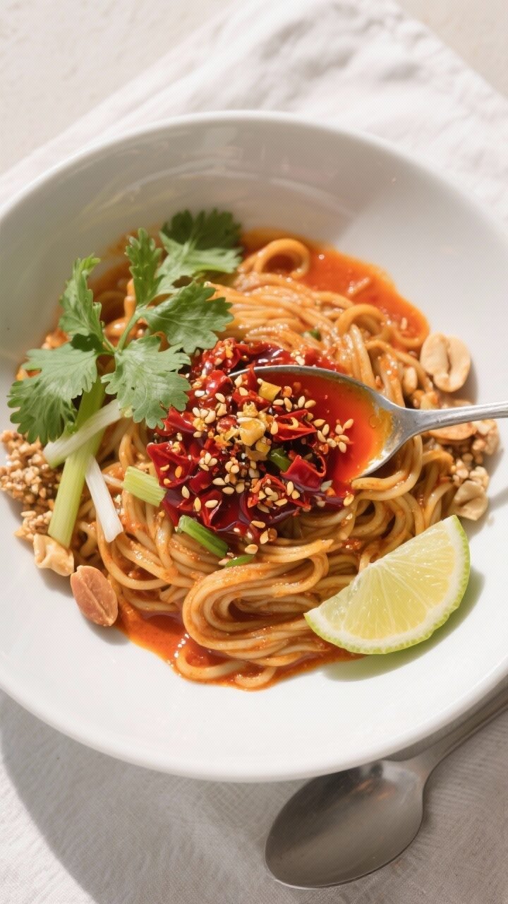 Final plated overhead: A restaurant-quality bowl of Thai Lemongrass Coconut Keto Curry Noodles (shir