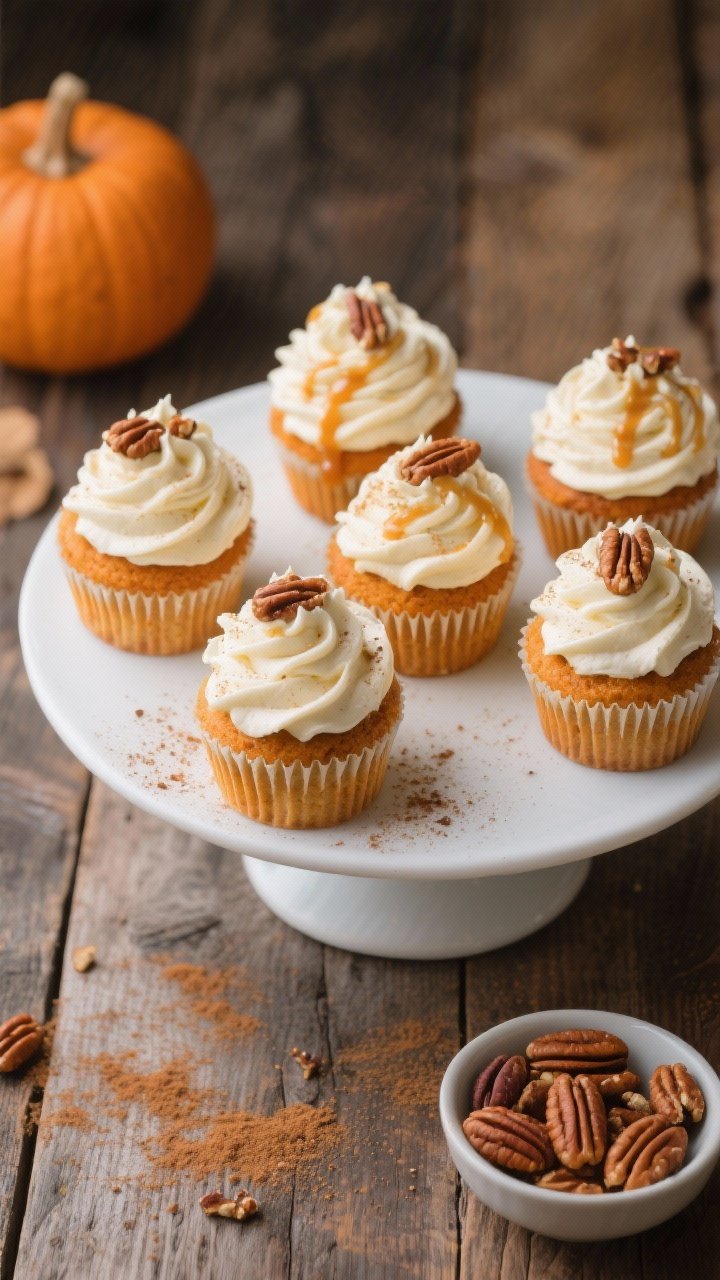 Spiced Pumpkin Cupcakes With Cream Cheese Frosting - Cozy, Moist, and Perfect for Fall Final plated/overhead beauty shot: Overhead shot of spiced pumpkin cupcakes generously piped with si