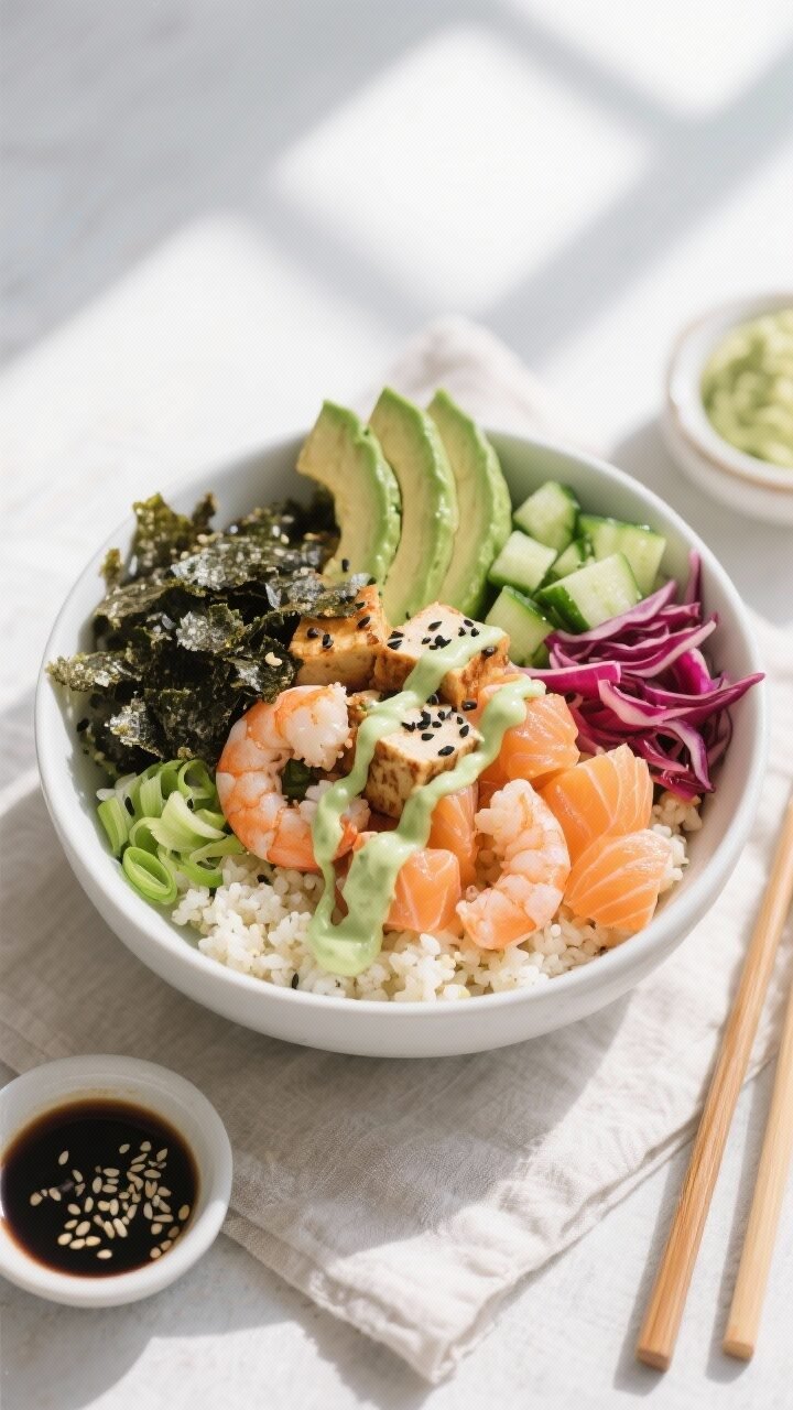 Final plated overhead: Keto Sushi Burrito Bowl fully assembled in a wide matte-white bowl—warm cau