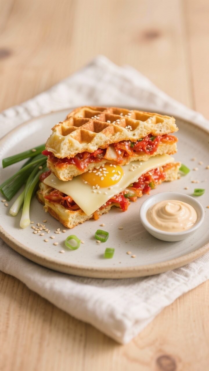 Savory Keto Kimchi Waffle Sandwich With Creamy Sesame Egg – Bold Flavor, Low-Carb Comfort Final plated overhead shot: Savory Keto Kimchi Waffle Sandwich sliced in half and stacked to showcas