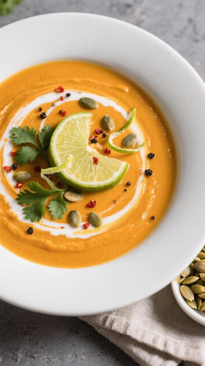 Keto Pumpkin Soup With Lemongrass and Lime Leaf - Bright, Creamy, and Comforting Final plated overhead: Silky, fully blended keto pumpkin soup swirled with rich full-fat coconut mil