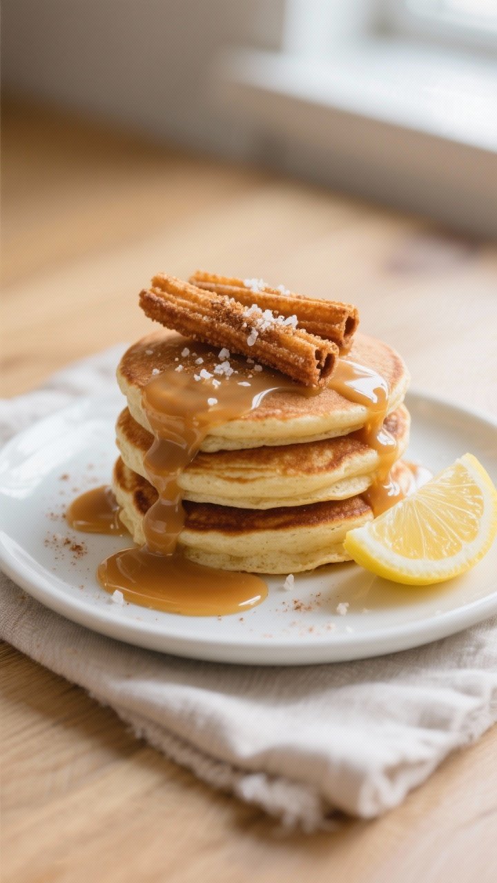 Final plated overhead: Stack of 3–4 fluffy churro-style keto protein pancakes on a matte white pla