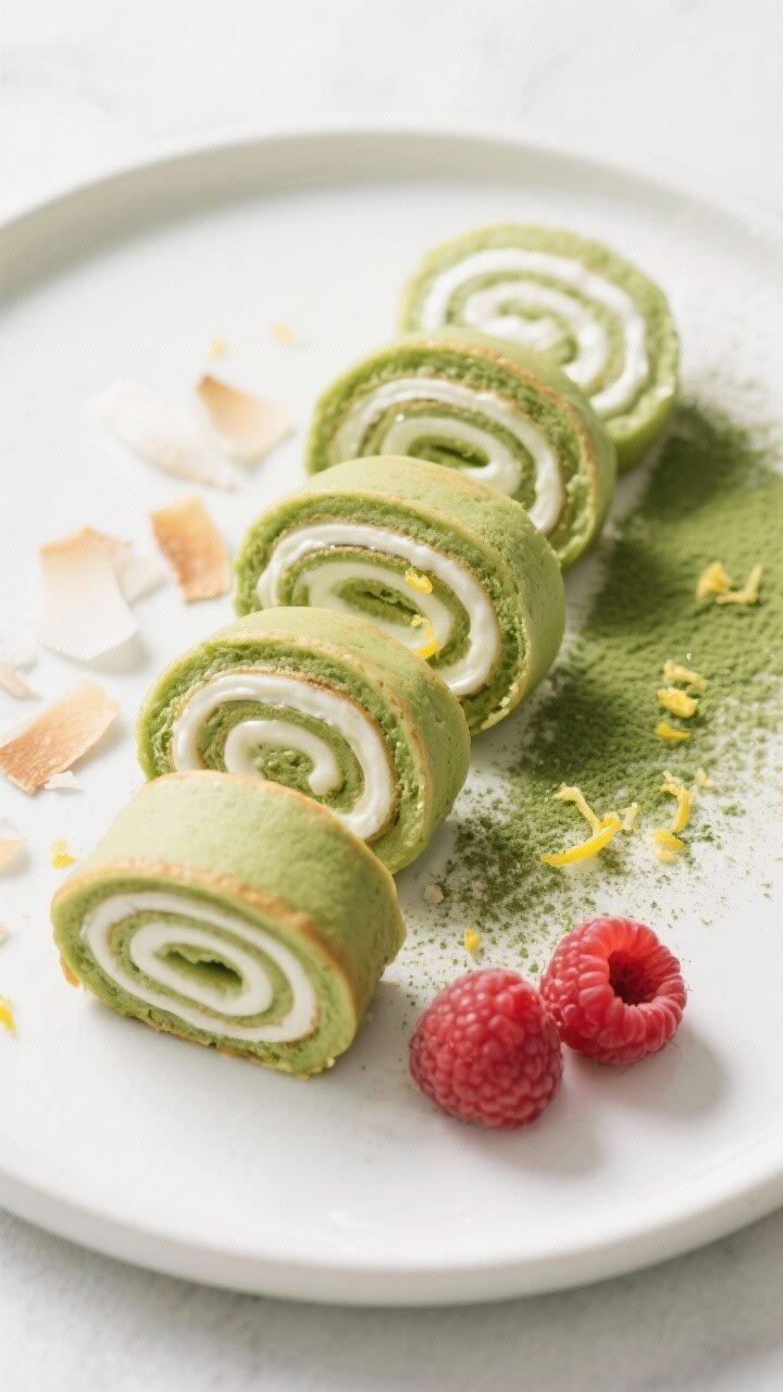 Matcha Coconut Keto Pancake Rolls With Yuzu Cream Swirl – Light, Bright, and Low-Carb Final plated presentation, overhead: Sliced matcha coconut keto pancake rolls arranged in neat spira