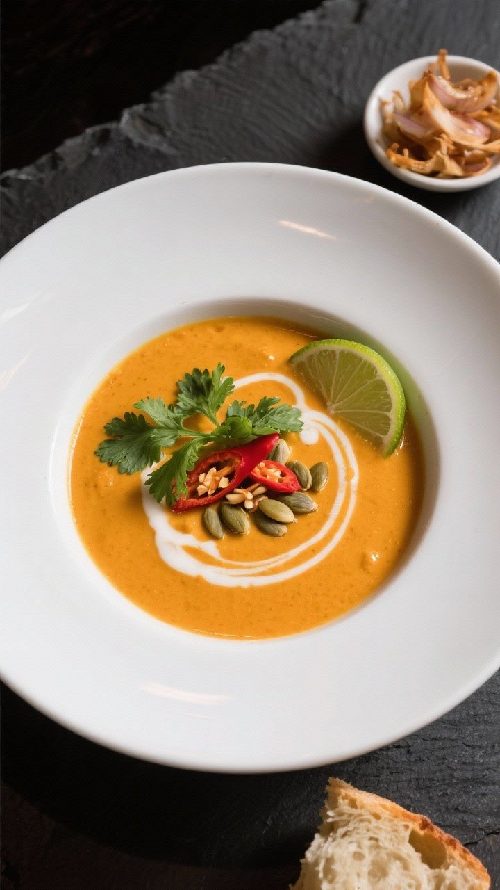 Creamy Thai Coconut Pumpkin Soup With Lemongrass Final plated top-down shot: A restaurant-quality bowl of creamy Thai coconut pumpkin soup, blended s
