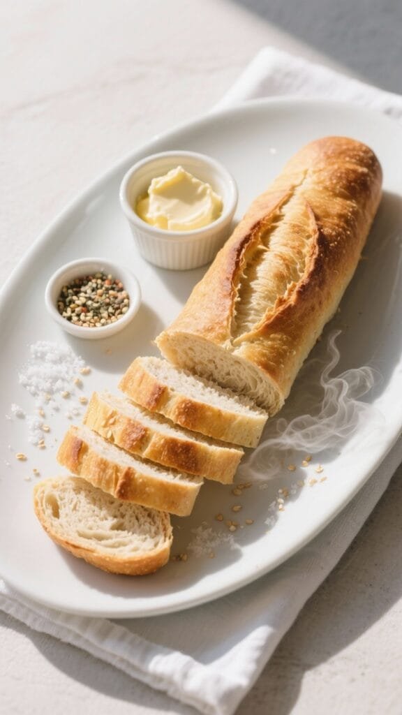 Final presentation, overhead: Golden-brown keto almond flour baguette, fully baked with a crisp crus