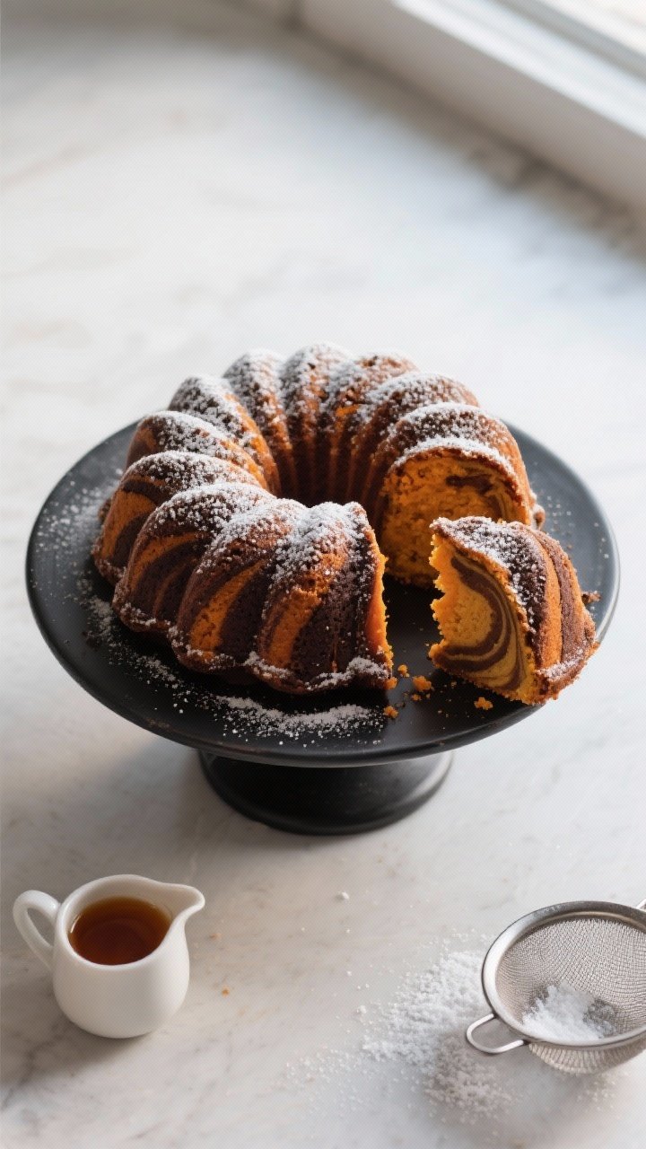 Chocolate-Pumpkin Swirl Bundt Cake - Moist, Cozy, and Beautiful Final presentation top view: Overhead shot of the fully baked Chocolate-Pumpkin Swirl Bundt Cake on