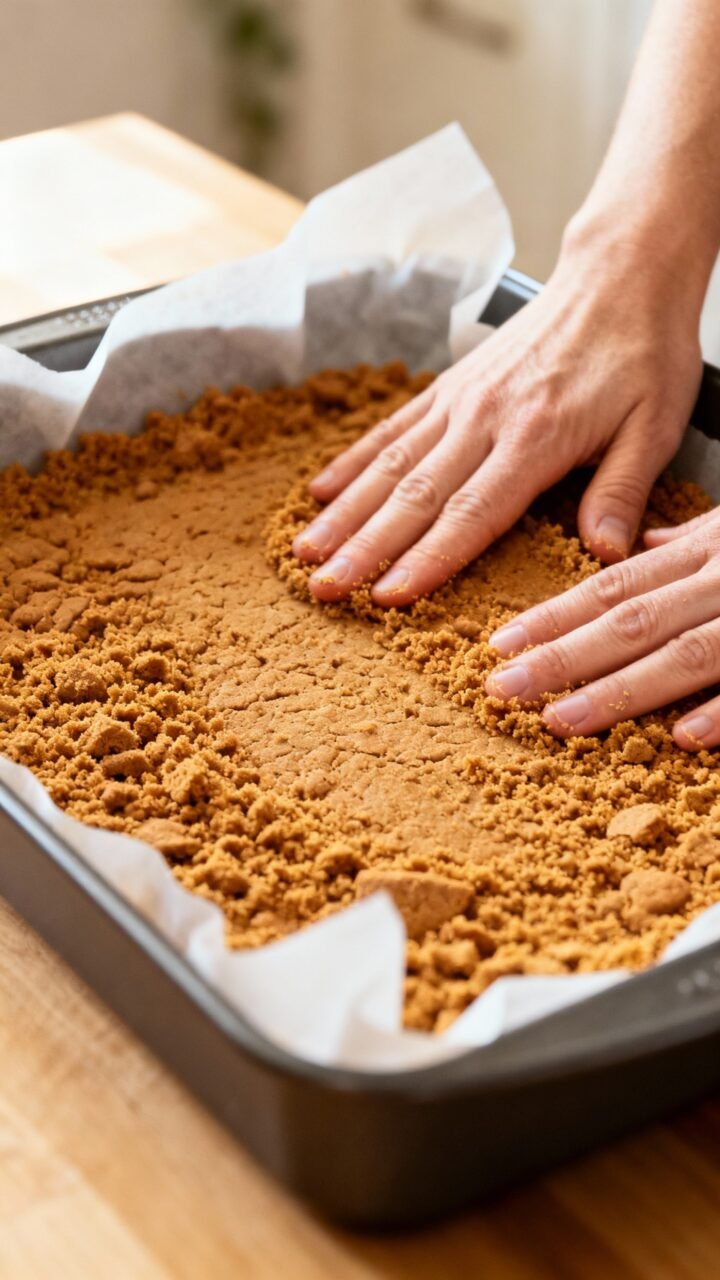 Pumpkin Cheesecake Bars With Gingersnap Crust Hands pressing gingersnap crumbs into 9x13 pan, parchment overhang