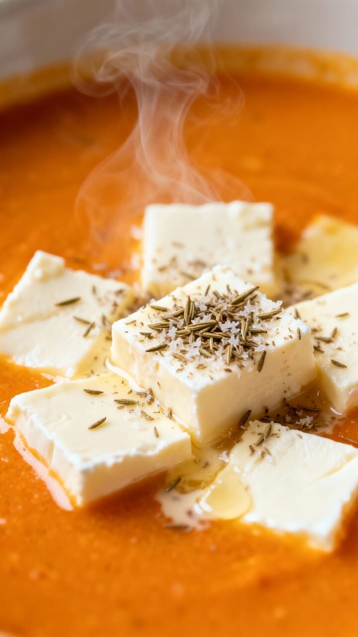 Keto Pumpkin Soup With Cream Cheese And Nutmeg Macro shot freshly grated nutmeg over cubed cream cheese melting in orange soup, steam rising
