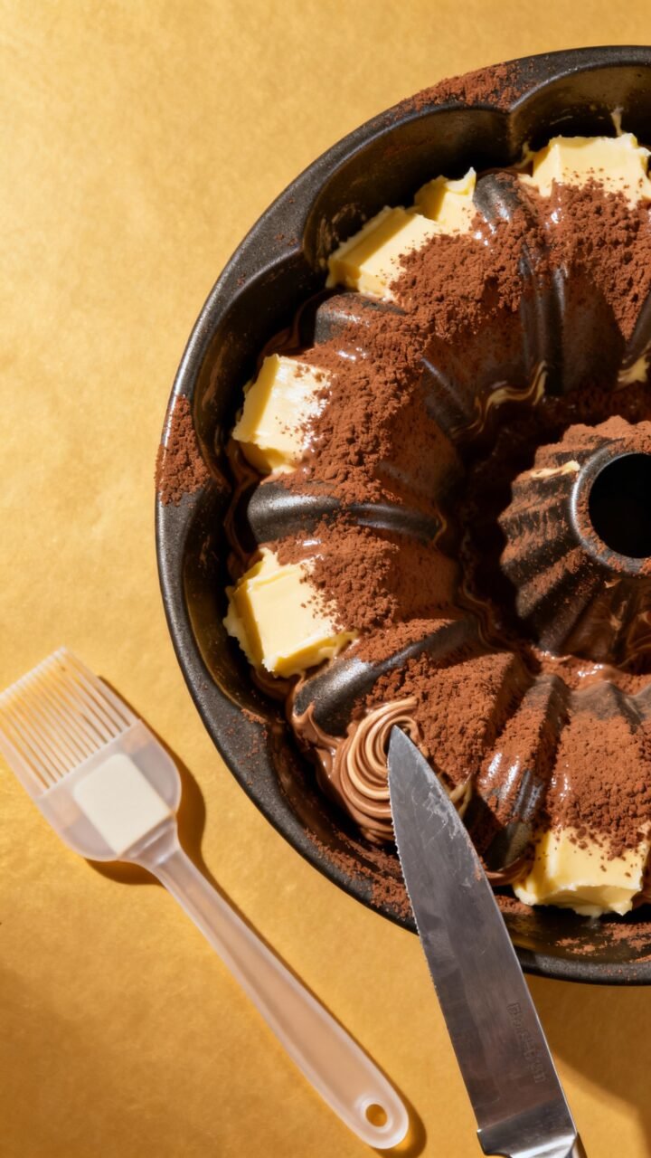 Chocolate-pumpkin Swirl Bundt Cake Overhead bundt pan prep, buttered ridges dusted with cocoa powder, small silicone spatula, knife rea