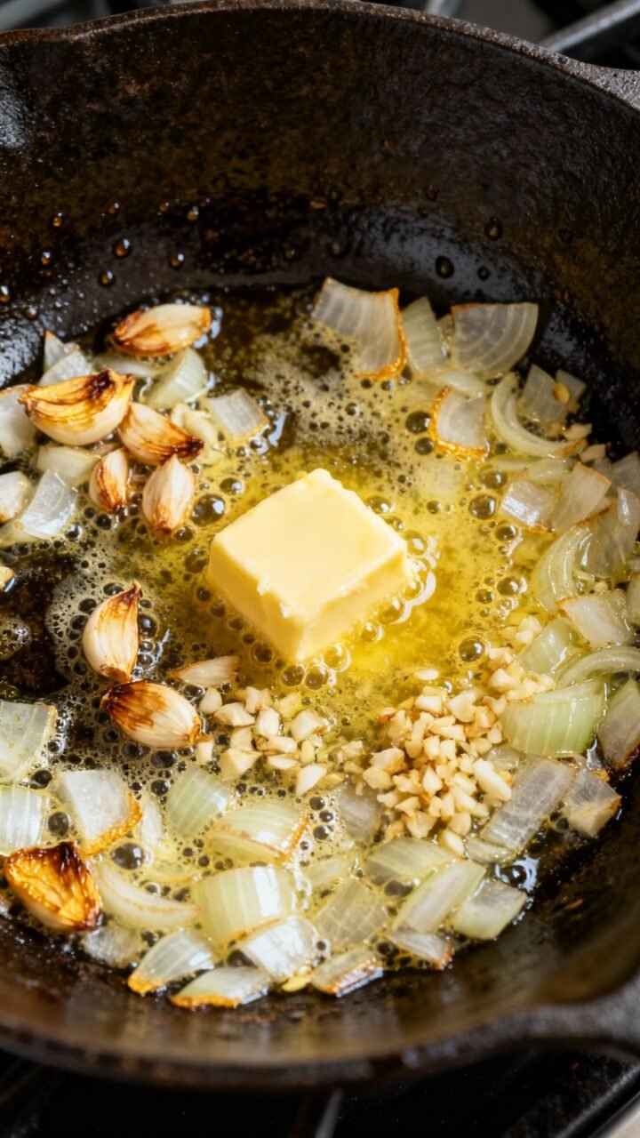 Keto Pumpkin Soup With Cream Cheese And Nutmeg Overhead closeup sautéing chopped onion and minced garlic in bubbling butter, golden edges, cast-ir