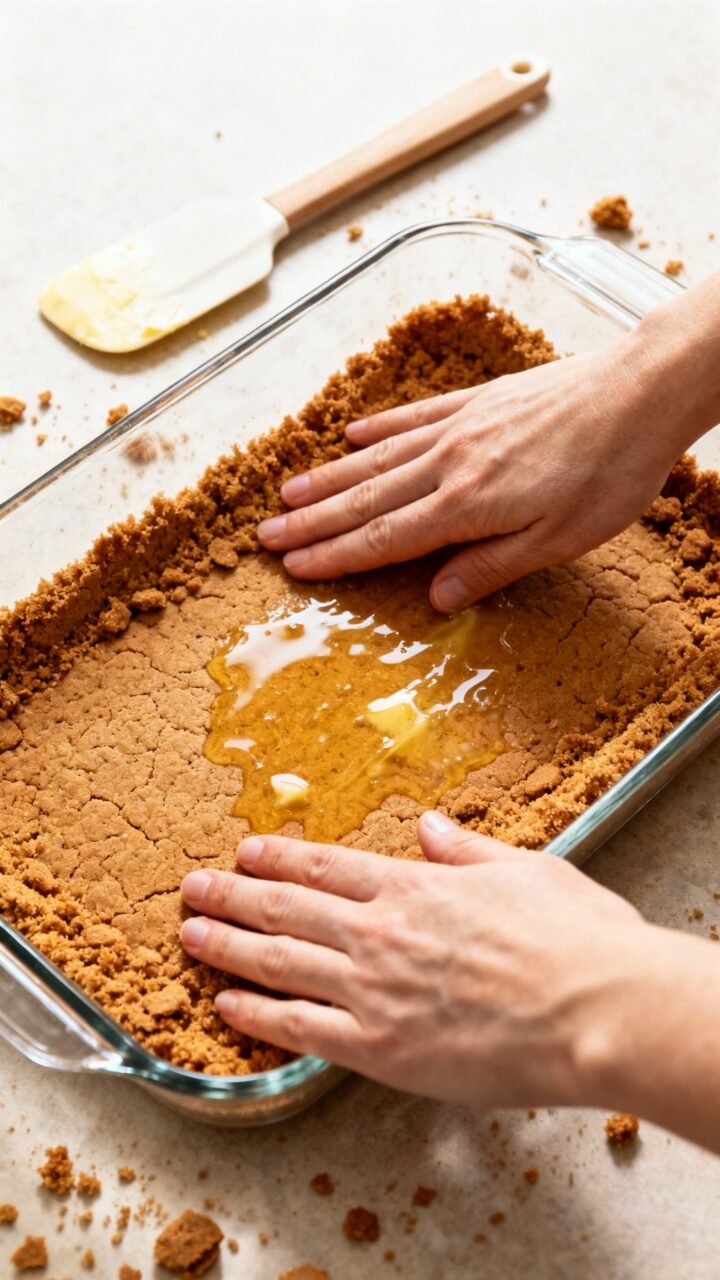 No-bake Four-layer Pumpkin Delight Dessert Overhead shot hands pressing gingersnap crumb crust into 9x13 glass pan, melted butter sheen, rubber