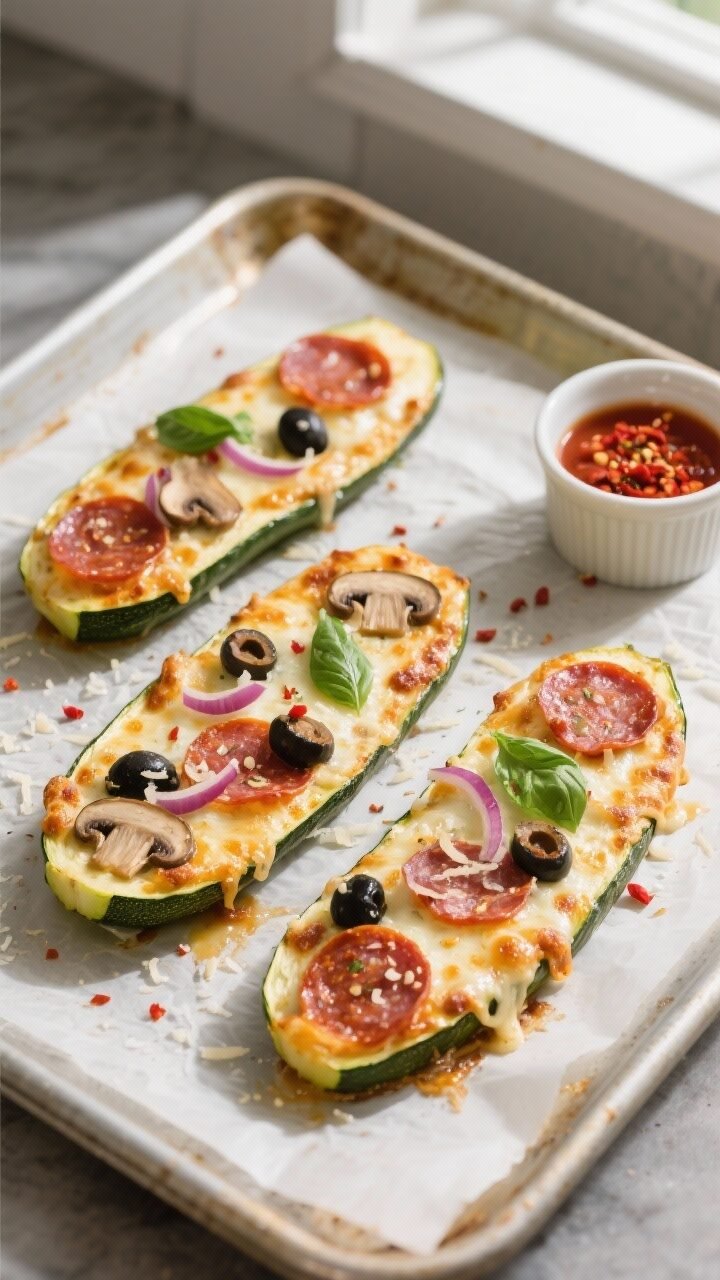 Zucchini Boat Keto Pizzas, Sheet Pan Style - Easy, Cheesy, Weeknight-Friendly Overhead shot of finished zucchini boat keto pizzas on a parchment-lined sheet pan right out of the