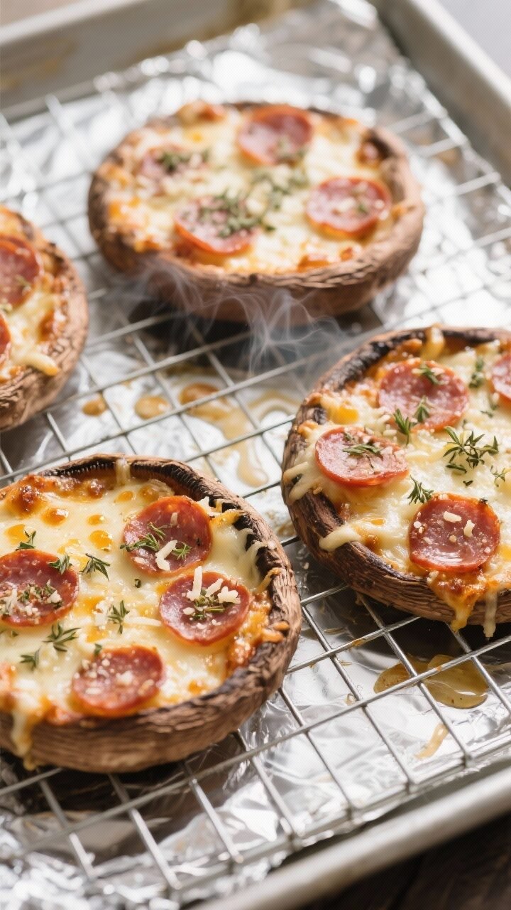 Portobello Cap Keto Pizzas Overhead shot of freshly broiled Portobello cap keto pizzas on a wire rack over a foil-lined baking
