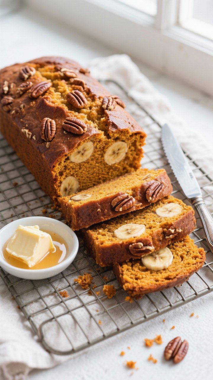 Pumpkin Banana Bread With Toasty Pecans – Cozy, Moist, and Perfectly Spiced Tasty top view, final presentation: Overhead shot of a fully baked pumpkin banana bread loaf on a co