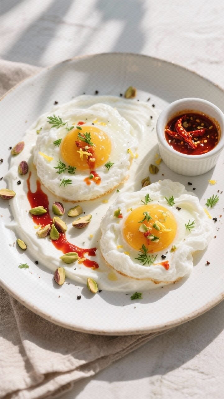 Keto Turkish Cloud Eggs With Chili Butter & Crushed Pistachios – Light, Flavorful, and Low-Carb Tasty top view final presentation: Overhead shot of Keto Turkish Cloud Eggs plated on a matte white