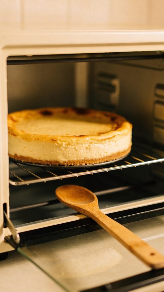Work in progress photo instruction: cheesecake resting in oven with wooden spoon in door.