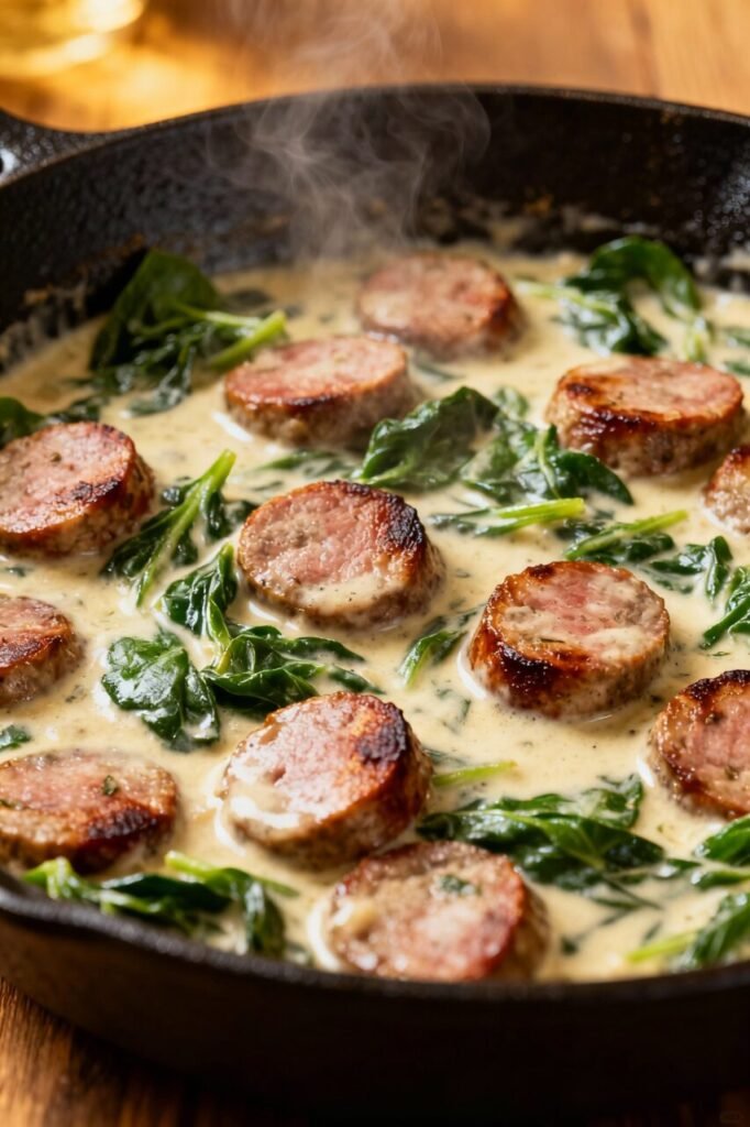 7 Quick Low Carb Casseroles for Insanely Busy Weeknights Creamy Tuscan Sausage and Spinach Skillet