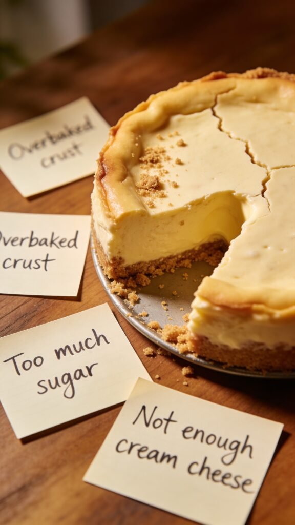 cracked cheesecake with note cards naming mistakes. Classic New York Keto Cheesecake