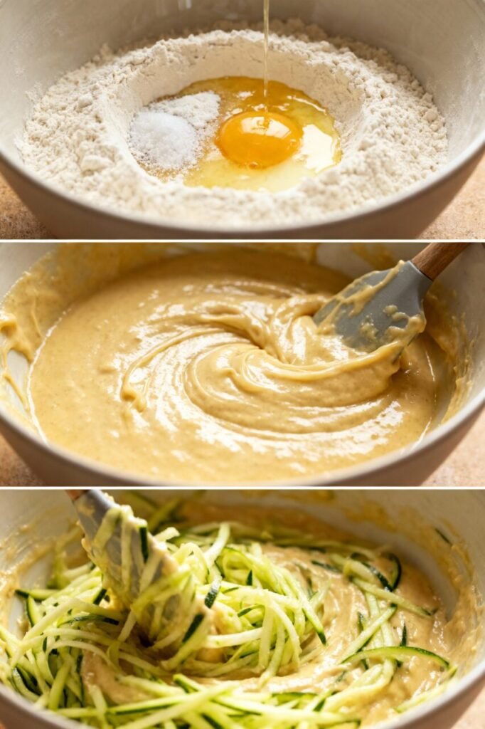 Keto Zucchini Bread – Moist, Sweet, and Perfect with Butter A sequence showing the mixing process