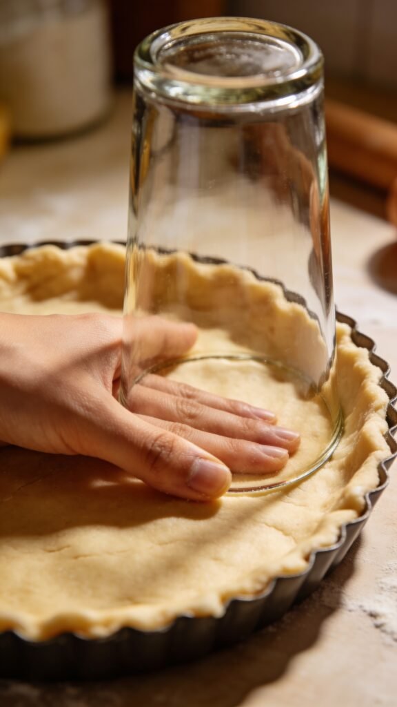 Work in progress photo instruction: hand pressing crust into pan with glass.