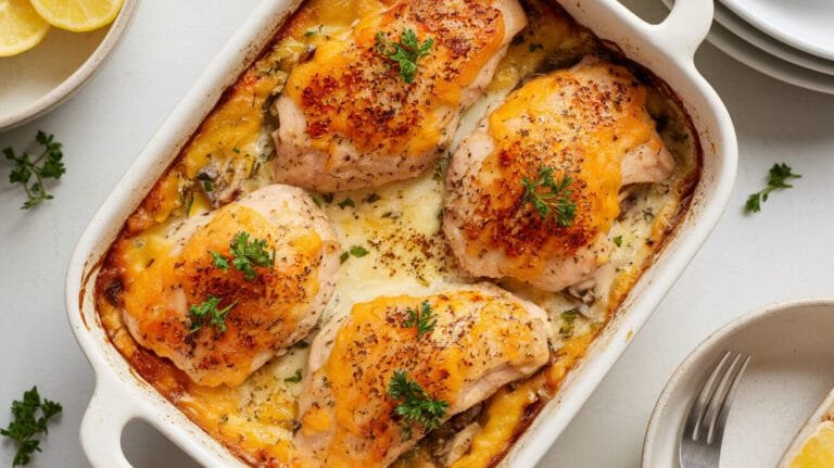 Creamy Keto Garlic Mushroom Chicken Casserole with golden cheese crust and herb garnish