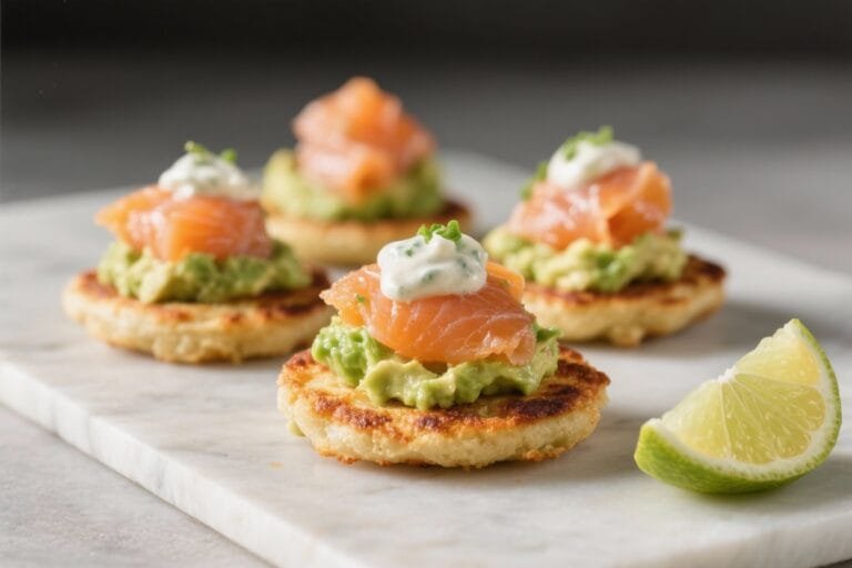 Crispy Keto Arepa Bites With Avocado Lime Crema & Smoked Salmon – A Bright, Bite-Sized Appetizer