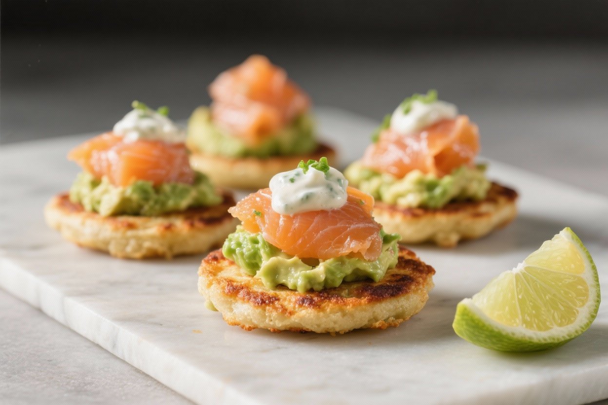 Crispy Keto Arepa Bites With Avocado Lime Crema & Smoked Salmon – A Bright, Bite-Sized Appetizer Crispy Keto Arepa Bites With Avocado Lime Crema & Smoked Salmon – A Bright, Bite-Sized Appetizer
