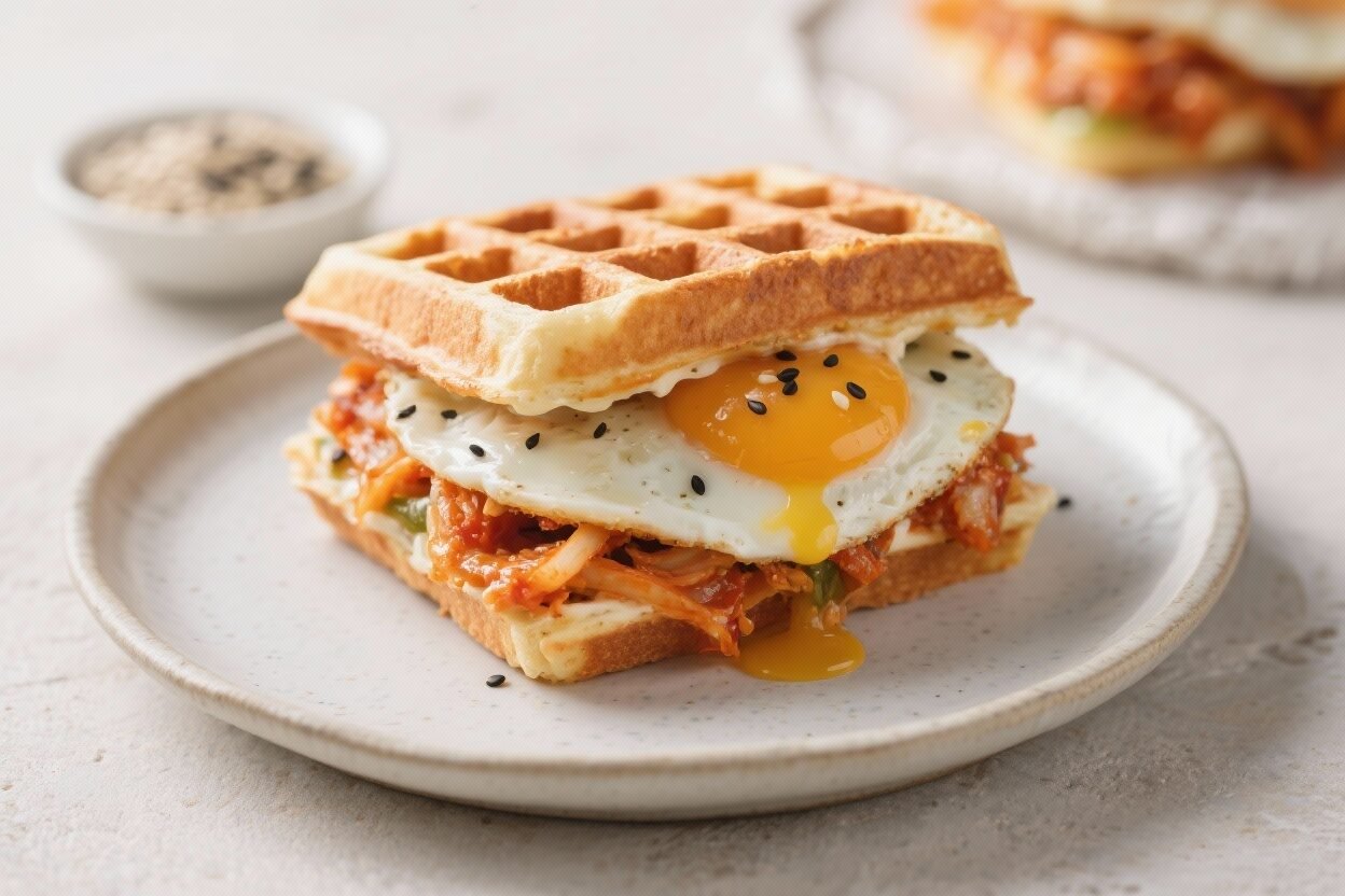 Savory Keto Kimchi Waffle Sandwich With Creamy Sesame Egg – Bold Flavor, Low-Carb Comfort Savory Keto Kimchi Waffle Sandwich With Creamy Sesame Egg