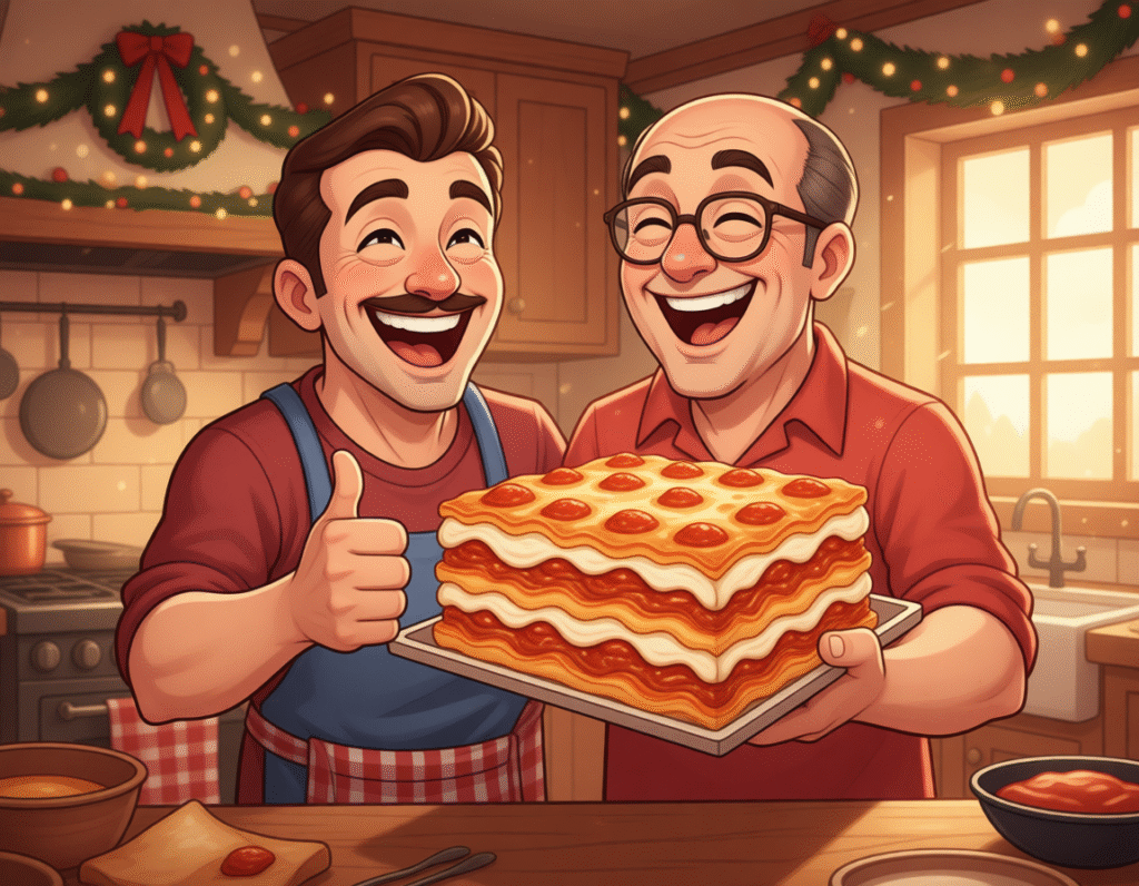 Pumpkin Cheesecake Lasagna: The Ultimate 4-Layer Holiday Showstopper (That’s Shockingly Easy!) BJ and Joe (illustrated as friendly cartoon characters) laughing in a cozy kitchen