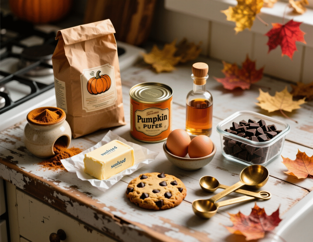 Overhead flat-lay of all ingredients for pumpkin chocolate chip cookies neatly arranged on a rustic wooden kitchen counter: