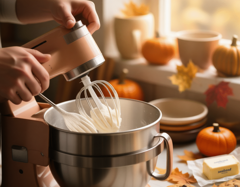 Close-up of hands using a stand mixer with paddle attachment