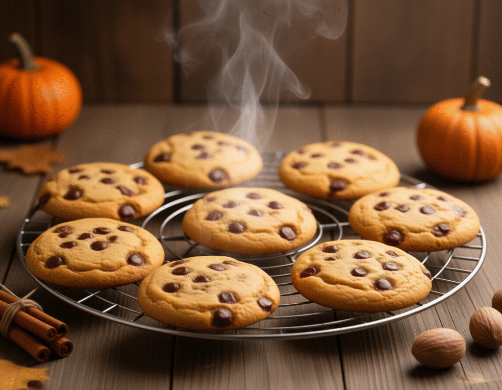 Freshly baked pumpkin chocolate chip cookies on a wire rack