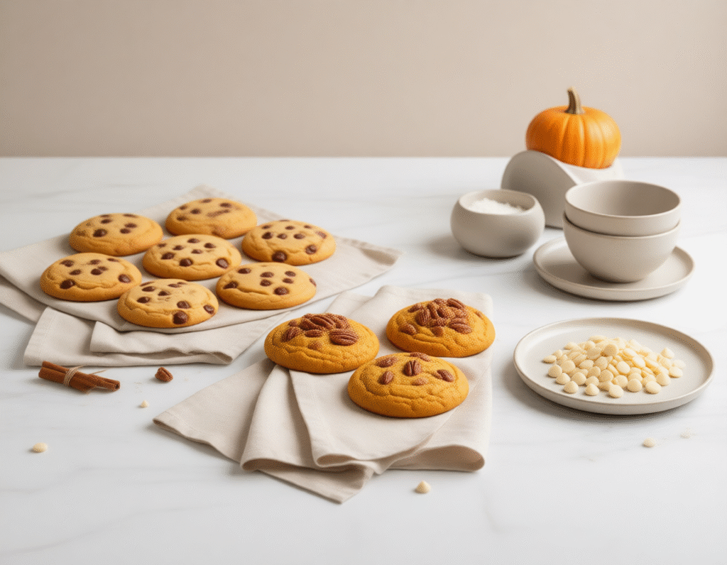 Three variations of pumpkin cookies on a marble countertop: classic with chocolate chips, one with chopped pecans, and one with white chocolate chips