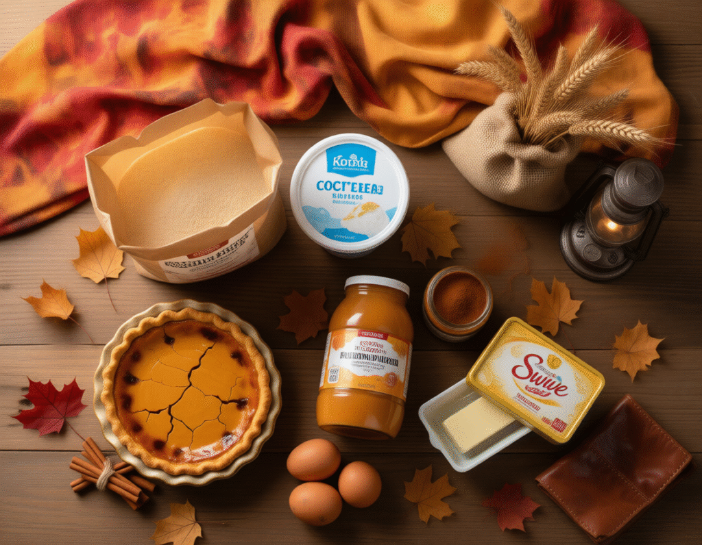 Keto Cottage Cheese Pumpkin Pie: A Creamy, Sugar-Free Holiday Dessert Overhead flat lay of keto baking ingredients: almond flour bag, cottage cheese tub, pumpkin puree can, cinnamon jar, eggs, butter stick, and Swerve sweetener on a wooden countertop with autumn fabric in the background.