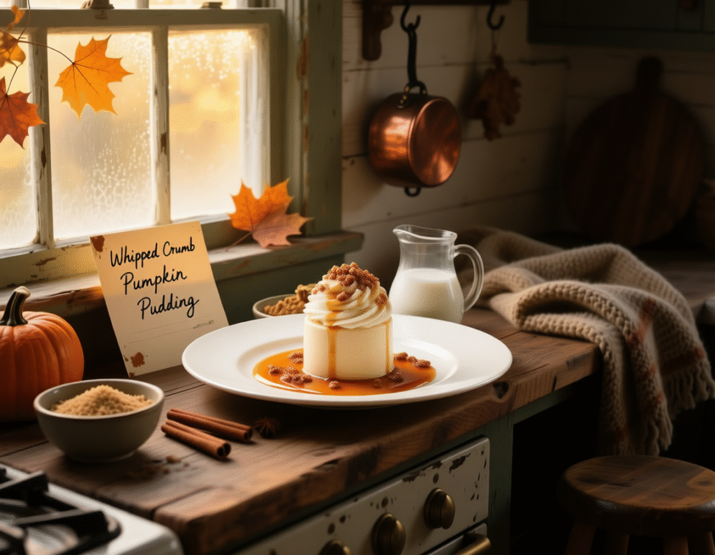 Whipped Crumb Pumpkin Pudding: The Secret Holiday Dessert That Beats Pumpkin Pie Elegant plated whipped crumb pumpkin pudding: a perfectly molded circular portion on a white ceramic plate, topped with piped whipped cream, crushed toasted pecans, and a glossy maple syrup drizzle pooling at the base. Moody, professional food photography lighting.