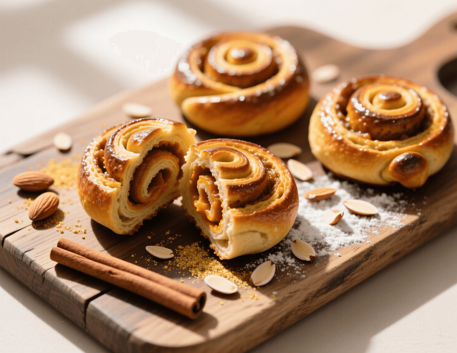 Ultra-realistic food photography, overhead shot of a rustic wooden board with three perfectly twisted, golden-brown keto pumpkin cinnamon twists, one pulled apart to reveal the soft, swirled interior and pumpkin filling, scattered almond flakes and a cinnamon stick nearby, natural soft daylight, warm neutral tones, clean shadows, high-detail textures, modern cookbook aesthetic