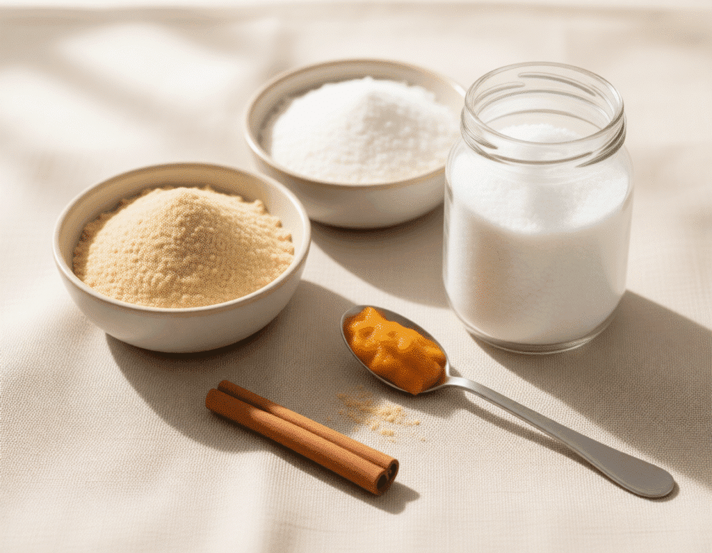Ultra-realistic food photography, a flat lay composition showing the key ingredients for the recipe: a small bowl of almond flour, a smaller bowl of coconut flour, a jar of granulated erythritol, a spoonful of pumpkin puree, and a cinnamon stick on a textured linen cloth, natural soft daylight, warm neutral tones, clean shadows, high-detail textures,


