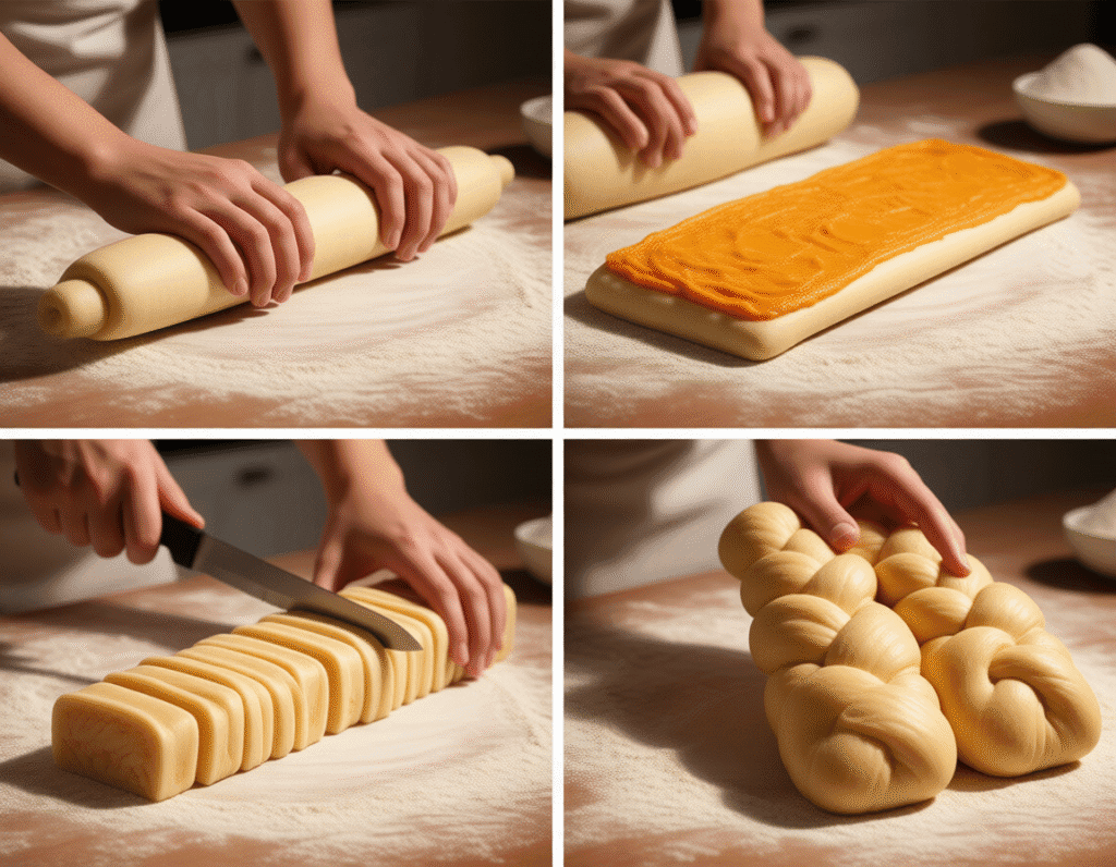 Step-by-step visual guide: Four images in one frame showing (1) rolling dough, (2) spreading filling, (3) cutting the log, (4) twisting the strands. Style: Appetizing food photography, warm and inviting atmosphere, sharp focus, high detail.
