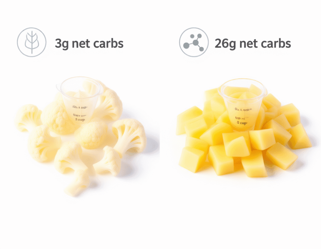 A split visual: on the left, a pile of raw cauliflower florets next to a small label reading “3g net carbs”; on the right, a pile of diced raw potatoes with a label reading “26g net carbs.” Both sides are set against a clean white background with measuring cups showing equal volume (1 cup) for each. Subtle keto-friendly icons (like a leaf or ketone molecule) frame the cauliflower side. Loaded Cauliflower Bake
