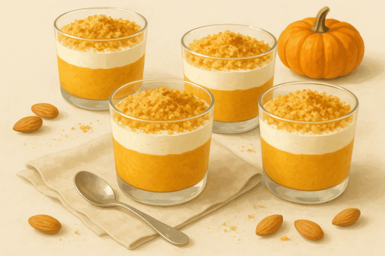 A cozy fall table scene with several clear dessert glasses filled with layered whipped crumb pumpkin pudding, showing visible bands of pumpkin orange, creamy white whipped layer, and golden crunchy crumb at the top, scattered pumpkin spice and a few whole almonds around the glasses, with a soft beige linen napkin and a small spoon beside one glass.