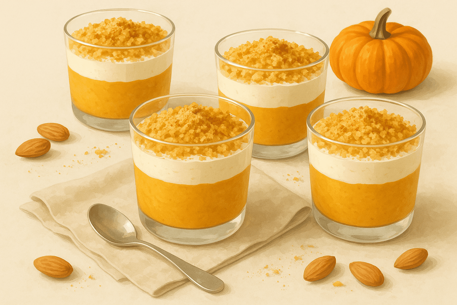 A cozy fall table scene with several clear dessert glasses filled with layered whipped crumb pumpkin pudding, showing visible bands of pumpkin orange, creamy white whipped layer, and golden crunchy crumb at the top, scattered pumpkin spice and a few whole almonds around the glasses, with a soft beige linen napkin and a small spoon beside one glass.